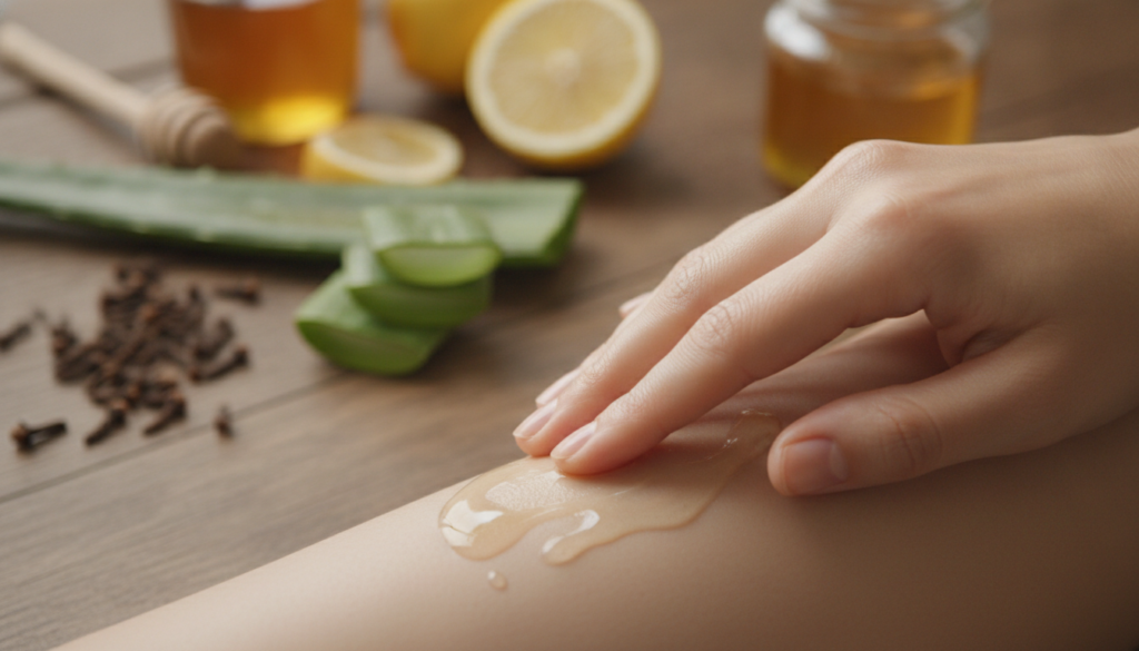 A close-up of a hand gently applying baby oil to glowing skin with a blurred background of natural ingredients like clov