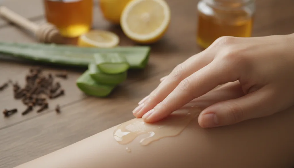 A close-up of a hand gently applying baby oil to glowing skin with a blurred background of natural ingredients like clov