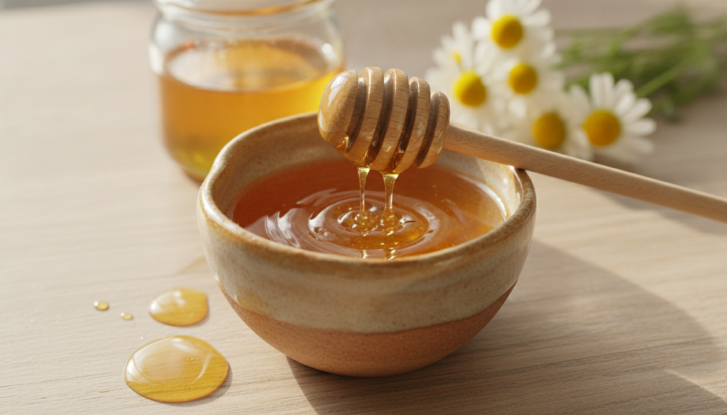 A small pot with a mixture of baby oil and honey with a wooden honey dipper and a jar of honey in the background