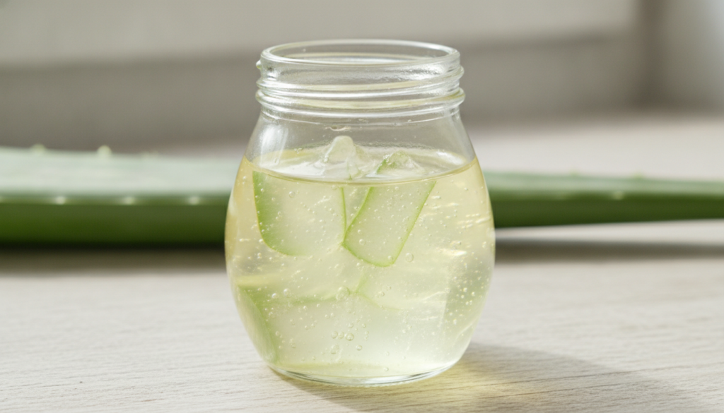 A small container of baby oil mixed with fresh aloe vera gel with an aloe leaf in the background
