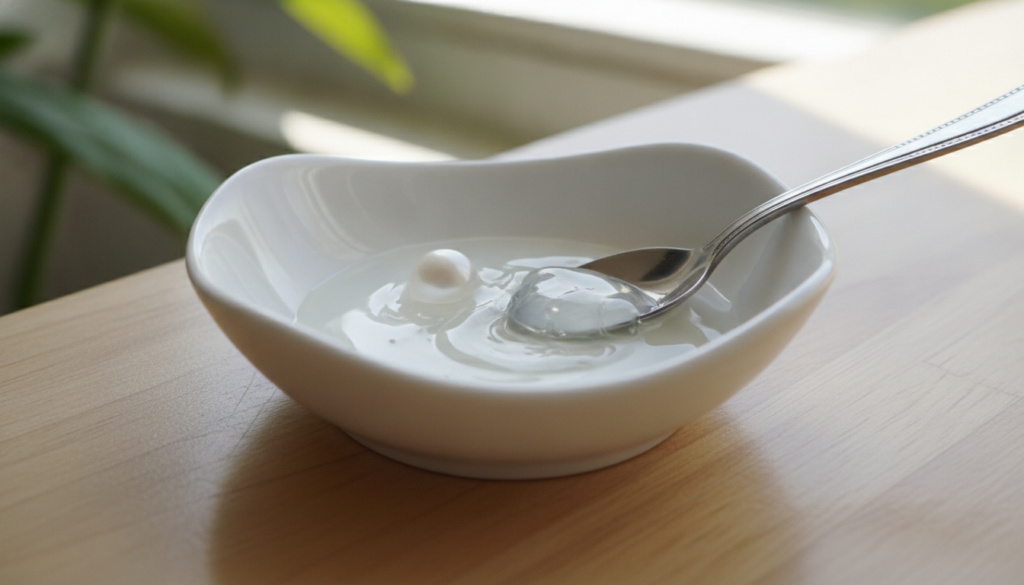 Close-up of a small clean dish with a pea-sized amount of Vaseline and an equal amount of baby oil with a small spoon mi