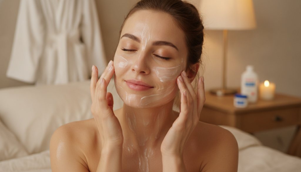 A woman gently massaging the Vaseline and baby oil blend onto her face and neck as part of an evening skincare routine w