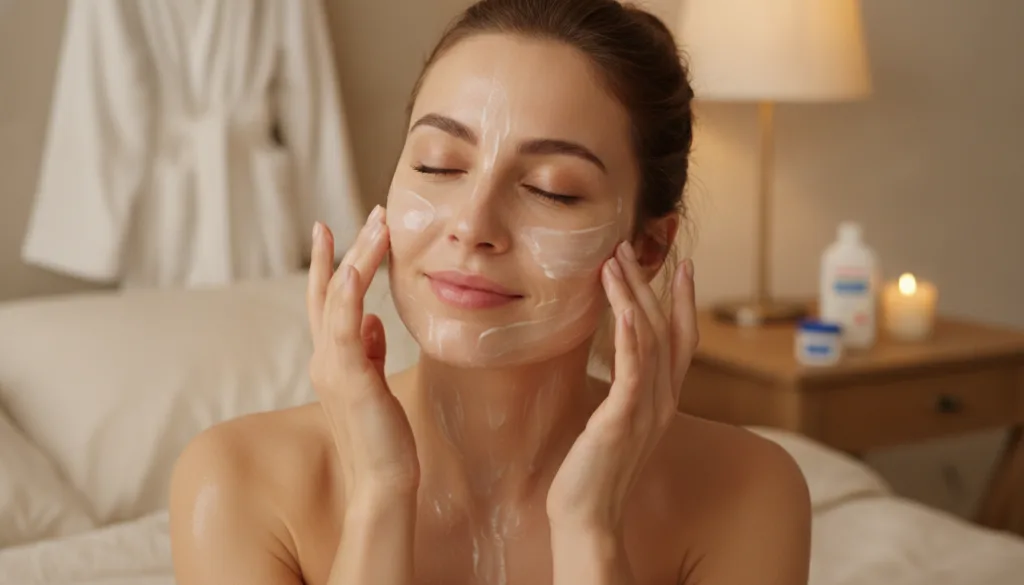 A woman gently massaging the Vaseline and baby oil blend onto her face and neck as part of an evening skincare routine w