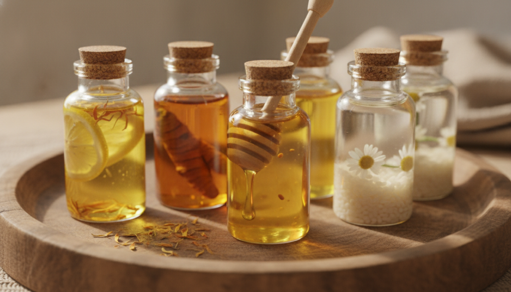 A close-up shot of small glass bottles filled with various homemade infused baby oils each with different natural ingred