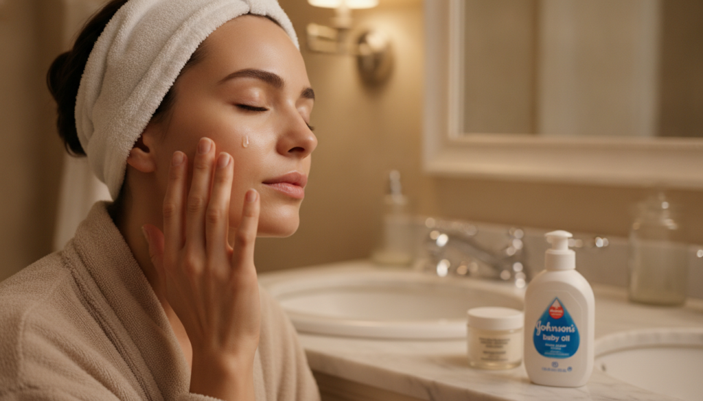 A woman gently applying Johnson s baby oil to her face as part of her nightly skincare routine with soft lighting and a 