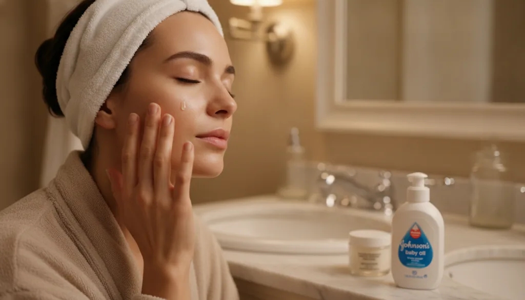 A woman gently applying Johnson s baby oil to her face as part of her nightly skincare routine with soft lighting and a 