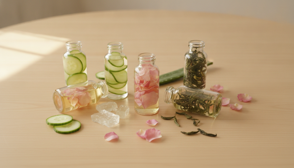 A collection of small glass bottles filled with baby oil each infused with different natural ingredients like cucumber s