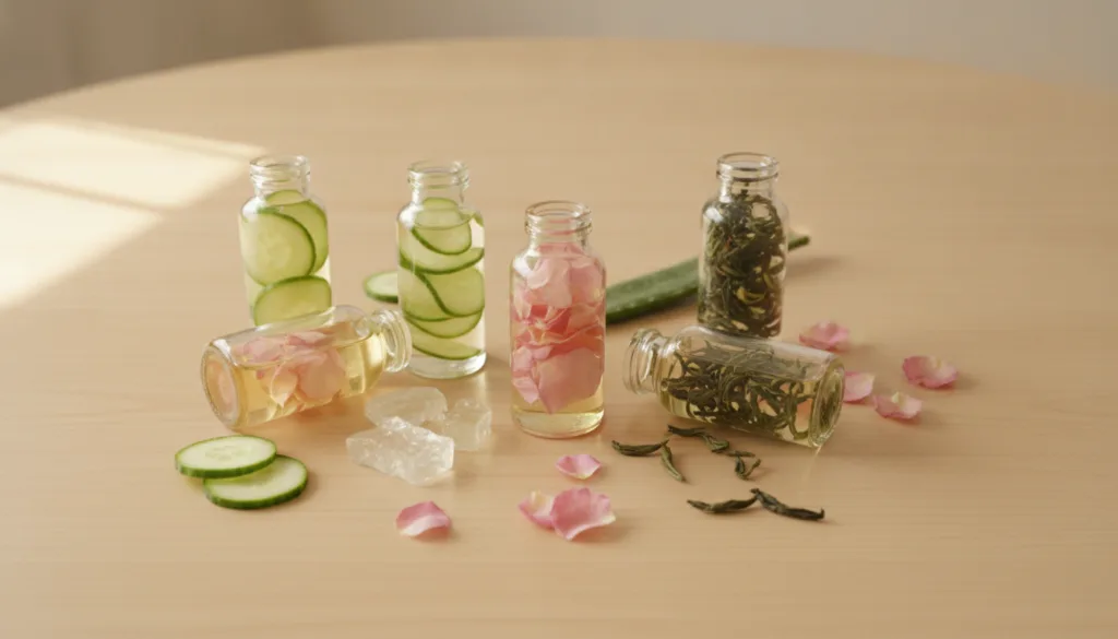 A collection of small glass bottles filled with baby oil each infused with different natural ingredients like cucumber s