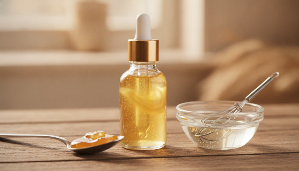 A small glass bottle with a dropper containing a golden honey and baby oil elixir Beside it a spoonful of honey and a sm