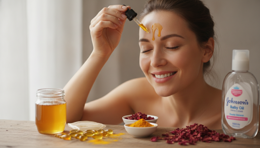A woman applying a homemade oil blend to her face with a dropper smiling Natural light soft focus Small glass bottles of