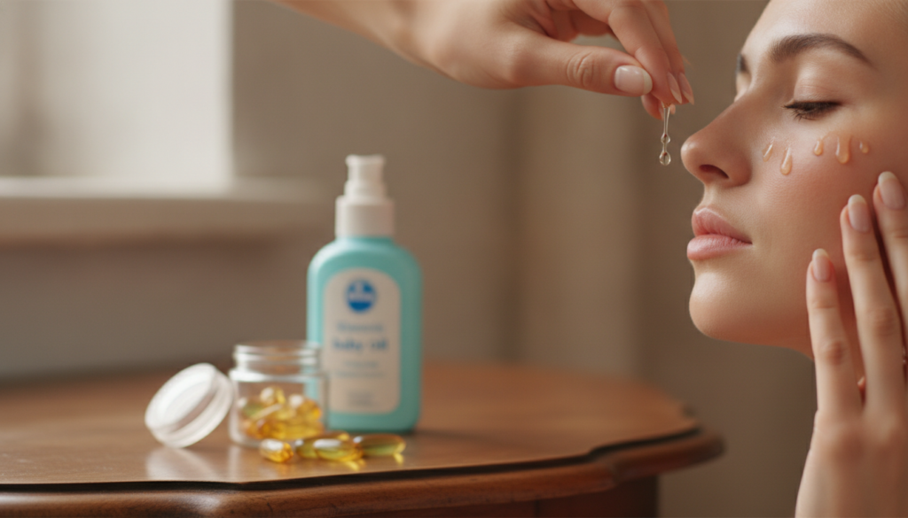 A close-up of a hand applying Vitamin E and baby oil serum to the face Blurry background with Vitamin E capsules and a b