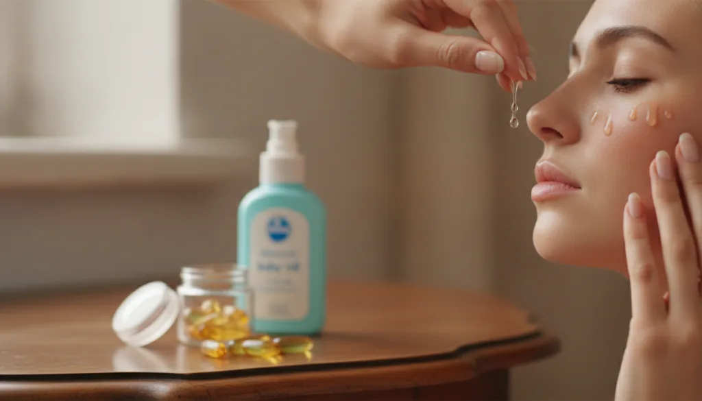 A close-up of a hand applying Vitamin E and baby oil serum to the face Blurry background with Vitamin E capsules and a b