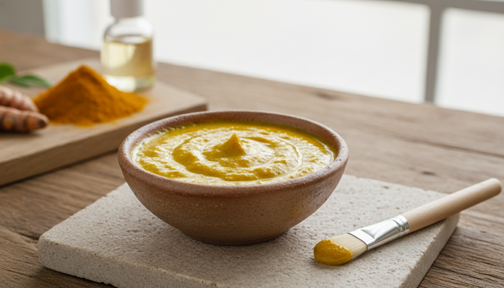 A small bowl containing a yellow turmeric and baby oil paste A small brush next to it and a pile of turmeric powder and 