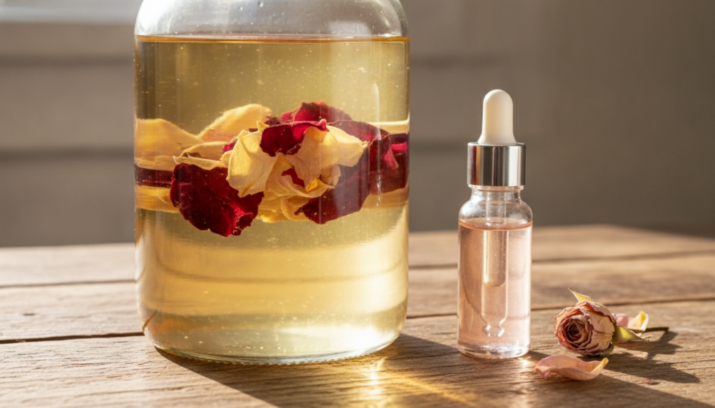 A glass jar filled with baby oil and dried rose petals infusing Sunlight streaming onto the jar Next to it a small bottl