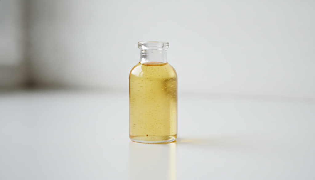 A small glass bottle of baby oil mixed with a tiny pinch of turmeric powder creating a golden hue alongside some loose t