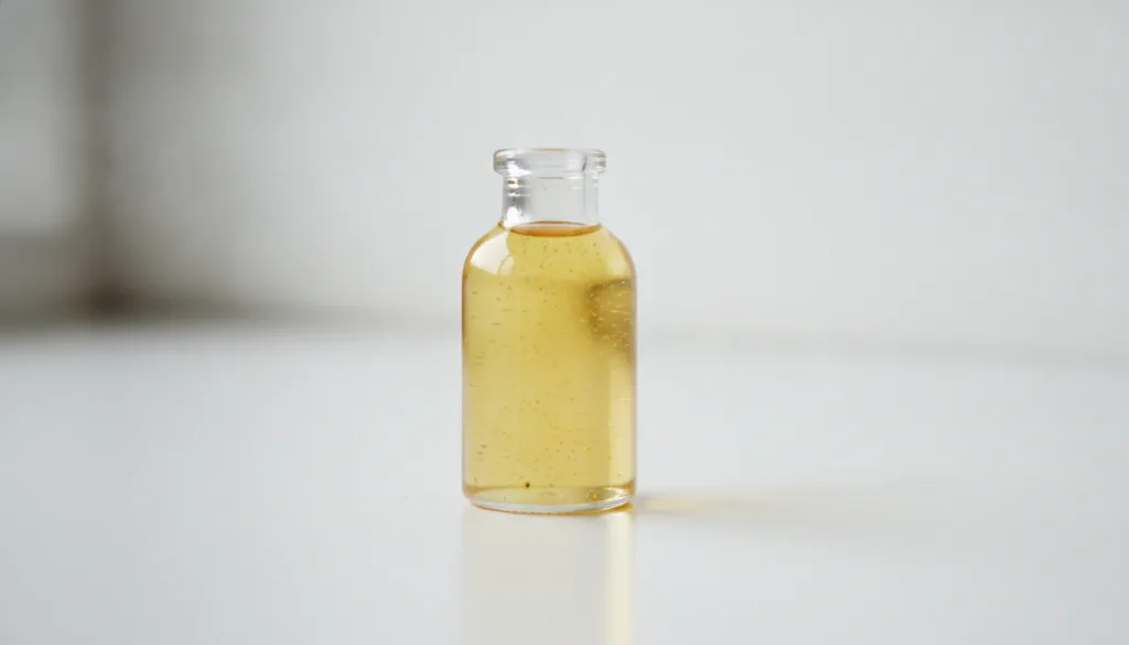 A small glass bottle of baby oil mixed with a tiny pinch of turmeric powder creating a golden hue alongside some loose t