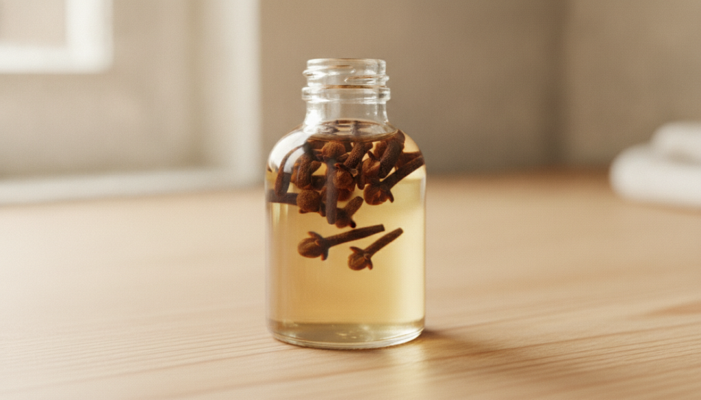 A small glass bottle of baby oil with dried cloves infusing inside placed on a simple clean background illustrating the 