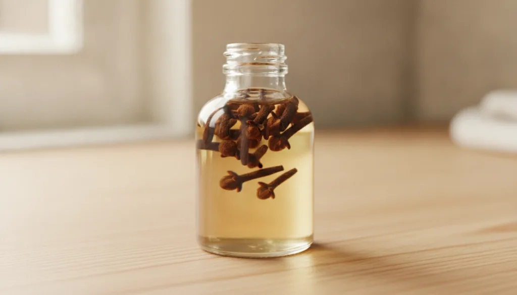 A small glass bottle of baby oil with dried cloves infusing inside placed on a simple clean background illustrating the 
