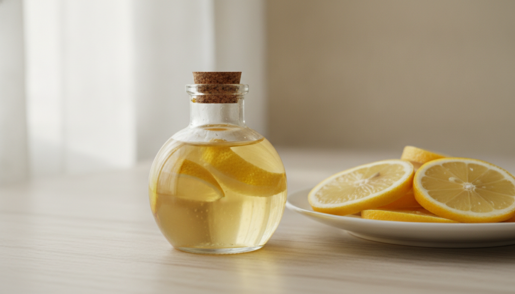 A small glass bottle of baby oil with dried lemon peels infusing inside placed next to fresh lemon slices on a bright ba