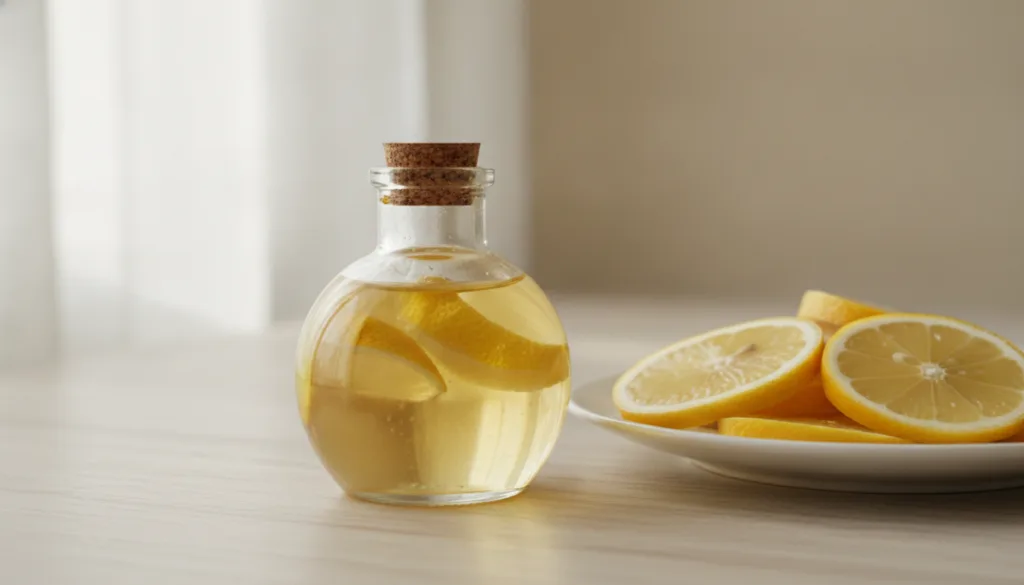 A small glass bottle of baby oil with dried lemon peels infusing inside placed next to fresh lemon slices on a bright ba