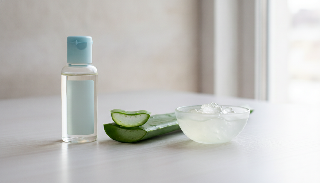 A small bottle of baby oil next to a fresh aloe vera leaf and a small bowl of aloe vera gel demonstrating the layering t