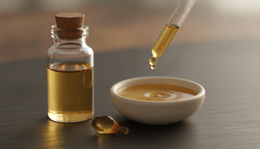 A small amount of baby oil mixed with a drop of vitamin E oil in a tiny dish with a vitamin E capsule nearby illustratin