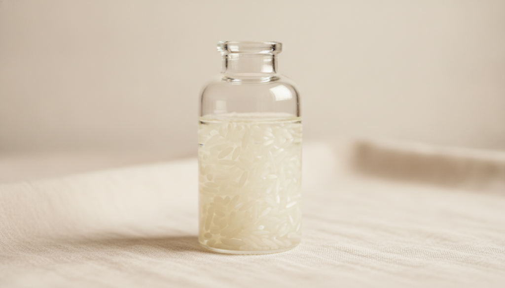 A small glass bottle of baby oil with dry white rice infusing inside creating a simple clean aesthetic illustrating the 