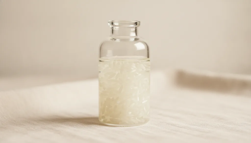 A small glass bottle of baby oil with dry white rice infusing inside creating a simple clean aesthetic illustrating the 