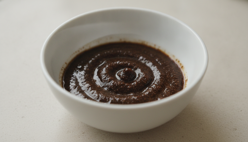 A small amount of baby oil mixed with finely ground coffee in a small bowl showcasing the dark coffee against the clear 