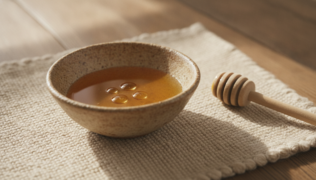 A small bowl with a dollop of honey and a few drops of baby oil illustrating the Honey Baby Oil blend with a honey dippe