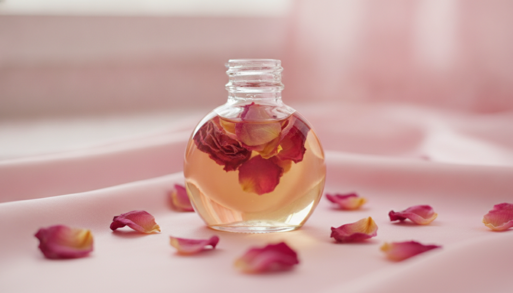 A small glass bottle of baby oil with dried rose petals infusing inside creating a beautiful botanical look with loose d