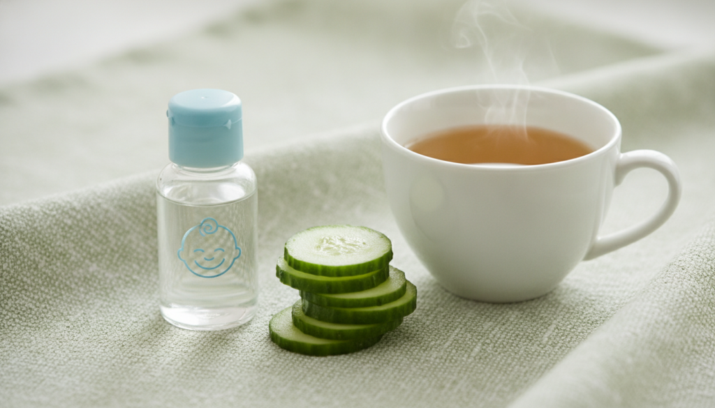A small bottle of baby oil placed next to fresh cucumber slices and a cup of brewed green tea illustrating the separate 