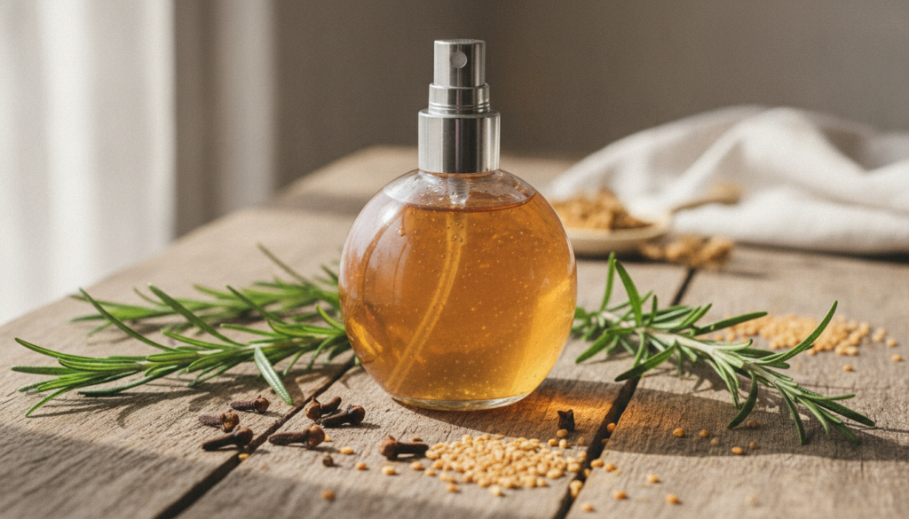 A clear glass spray bottle filled with a light amber homemade hair tonic surrounded by fresh rosemary sprigs dried clove