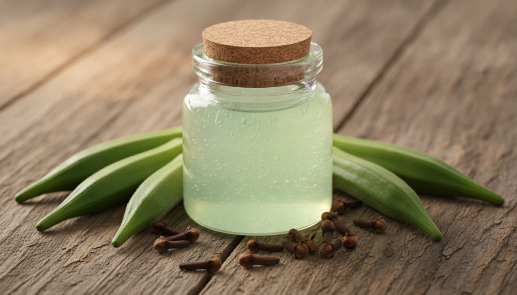 A small glass jar filled with a translucent light green DIY collagen night gel placed on a wooden surface next to fresh 