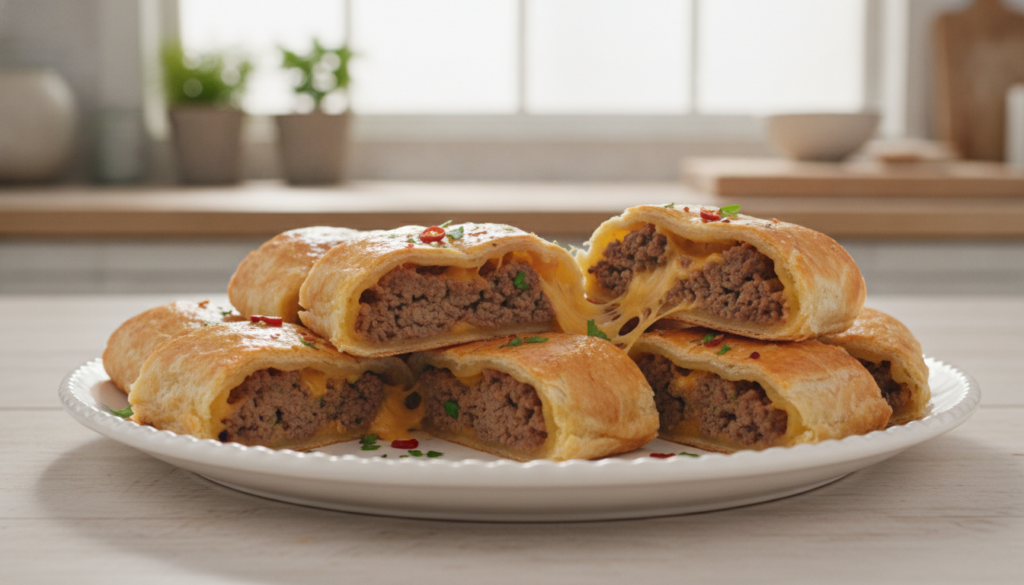 Golden-brown savory pastry rolls filled with ground beef and melted cheddar cheese sliced and served on a platter