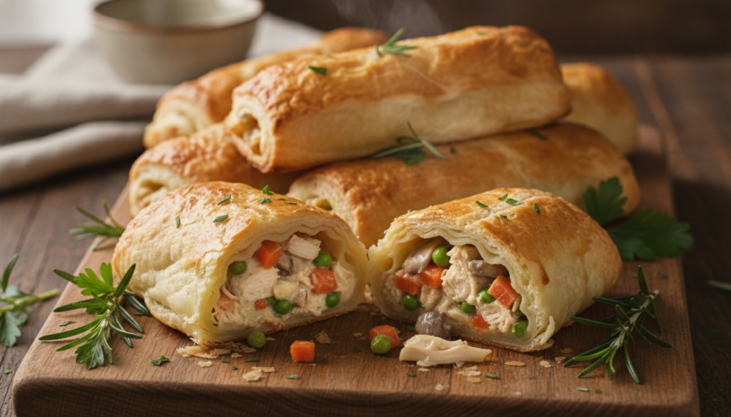 Finished Chicken Pie Logs golden brown and flaky arranged on a wooden board with fresh herbs One log is sliced to show t