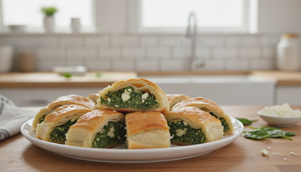 Golden-brown pastry swirls filled with vibrant spinach and crumbled feta cheese arranged on a serving plate
