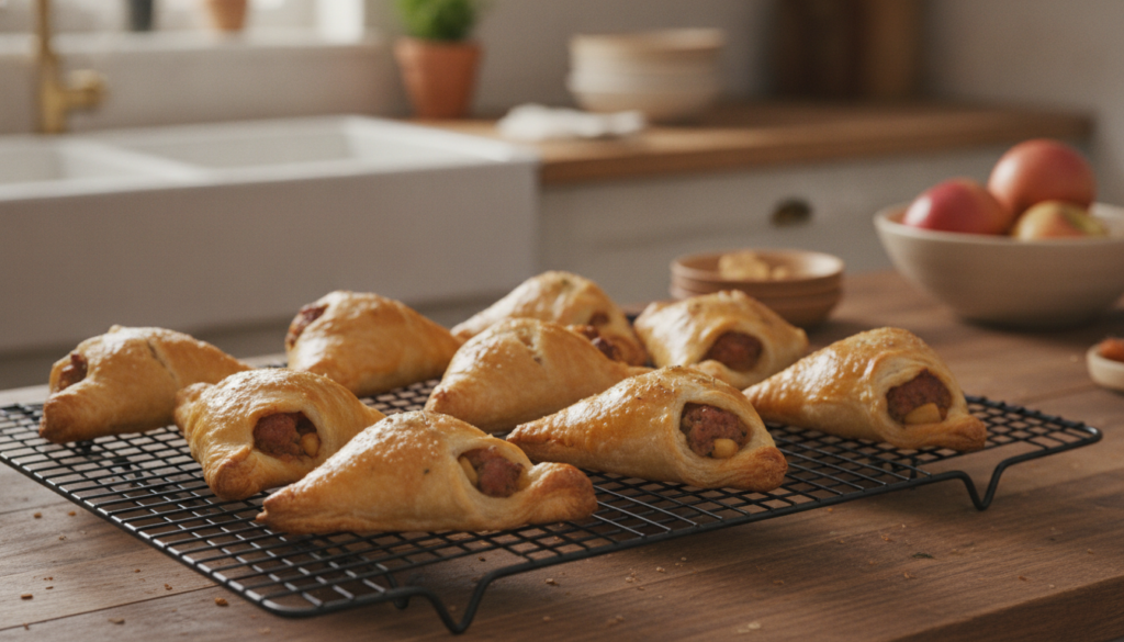 Small golden-brown hand pies shaped into triangles with a hint of a savory sausage and apple filling peeking out dusted 