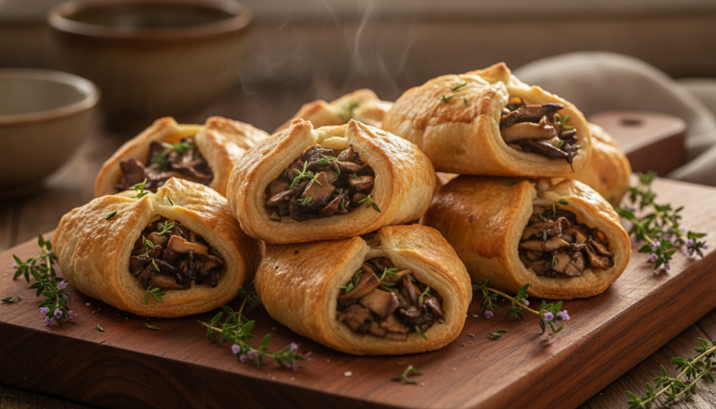 Golden-brown savory pastries with visible mushroom and thyme filling arranged on a serving board with fresh thyme sprigs