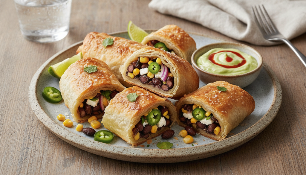 Crispy golden-brown pastry logs sliced to reveal a colorful and hearty filling of black beans corn and red onion with a 