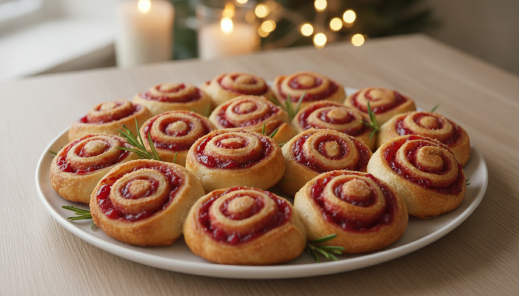 Spiral-cut golden-brown pastry pinwheels with a visible filling of turkey and cranberry sauce arranged on a white servin