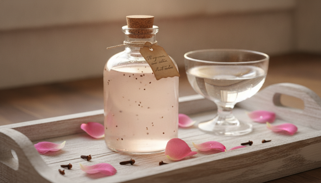 A beautiful glass bottle of homemade rose water and clove toner on a wooden tray surrounded by fresh rose petals whole c