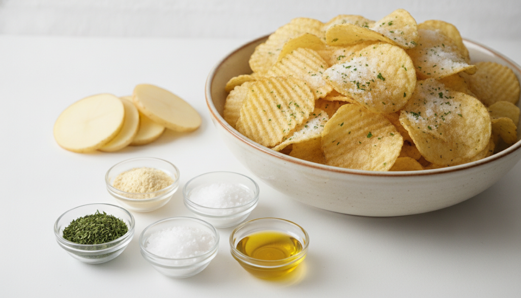 A bowl of golden-brown sour cream and onion potato chips with a small pile of raw potato slices and individual bowls of 