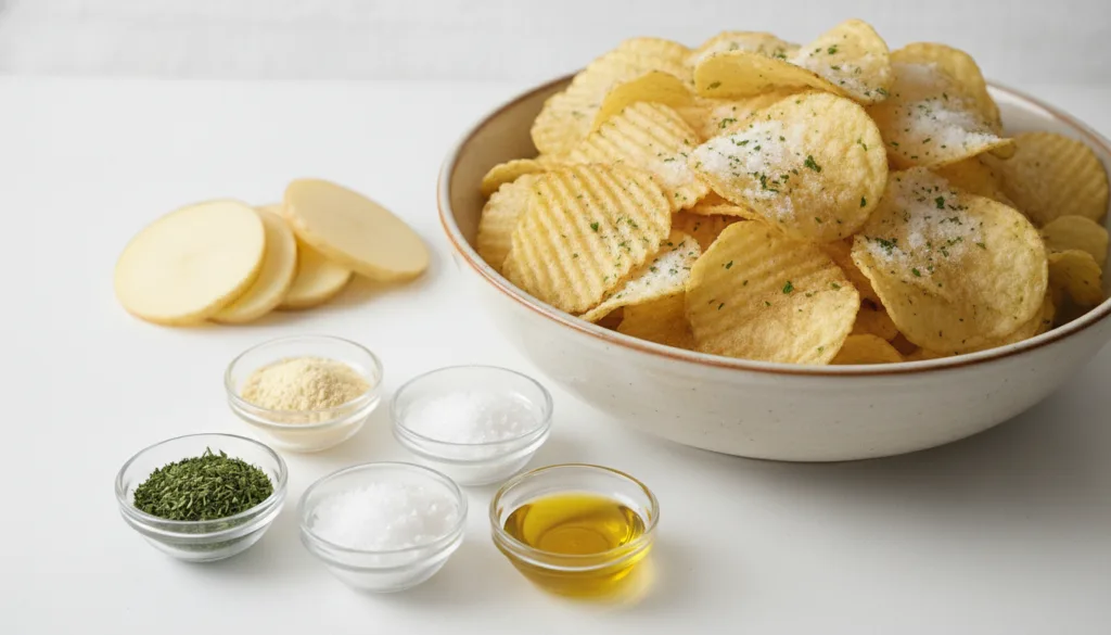 A bowl of golden-brown sour cream and onion potato chips with a small pile of raw potato slices and individual bowls of 