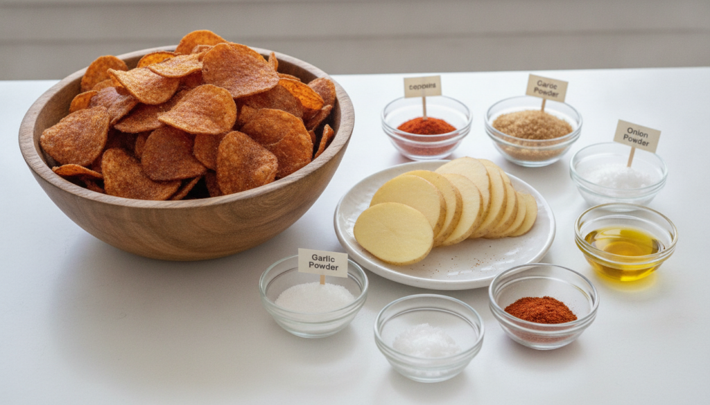 A bowl of dark red-brown BBQ potato chips next to raw potato slices and small bowls of paprika brown sugar garlic powder