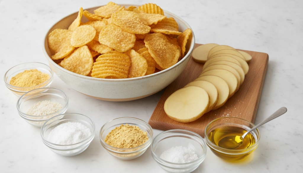 A bowl of golden cheesy potato chips next to raw potato slices and small bowls of cheese powder nutritional yeast garlic