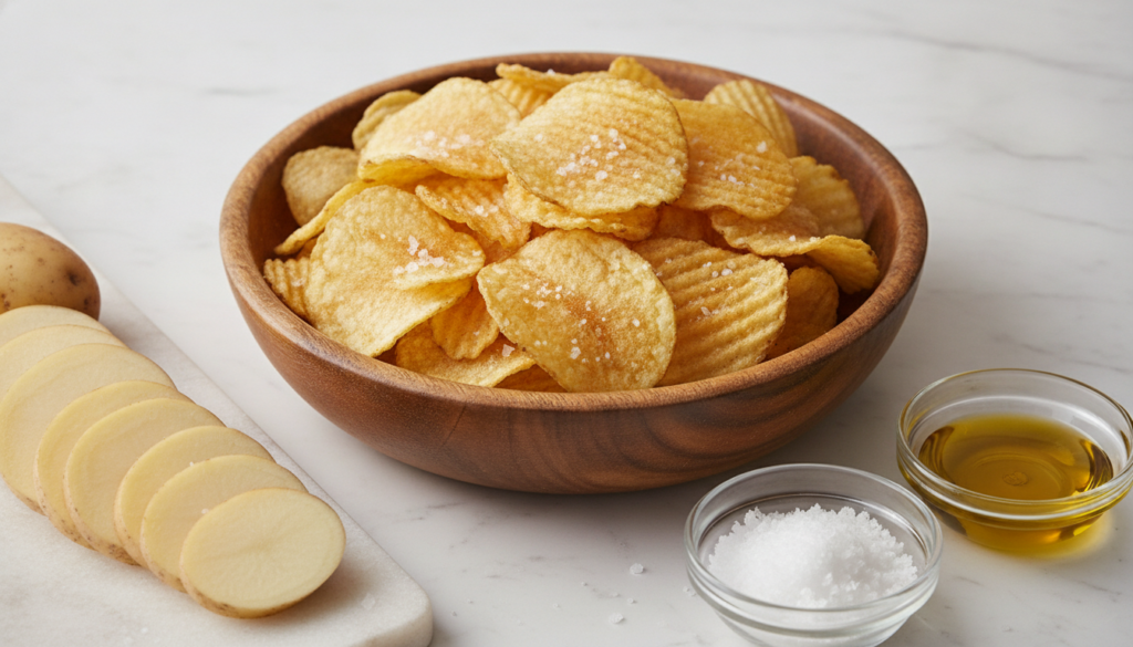 A bowl of perfectly golden classic salted potato chips next to raw potato slices and small bowls of salt and olive oil o