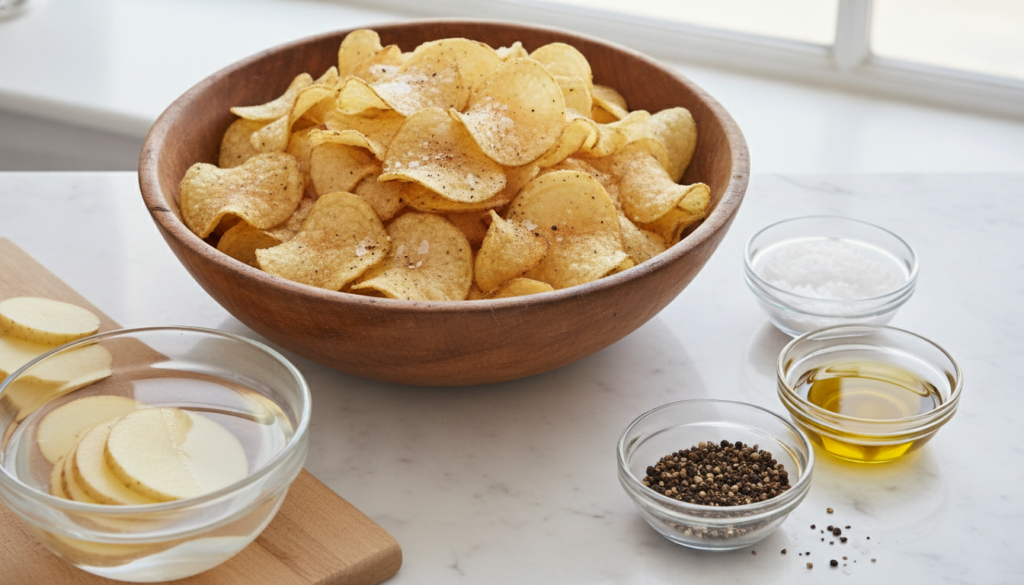 A bowl of golden sea salt and black pepper potato chips next to raw potato slices and small bowls of sea salt black pepp