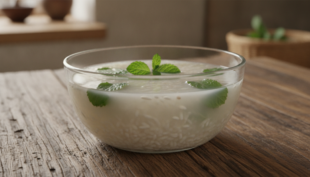 A bowl of milky rice water with a handful of white rice grains a few green leaves like mint or a small flower petal on a