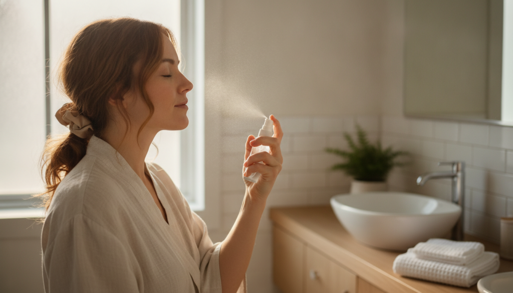 A person gently spritzing the DIY lime and clove toner onto their clean face eyes closed with a soft refreshed expressio